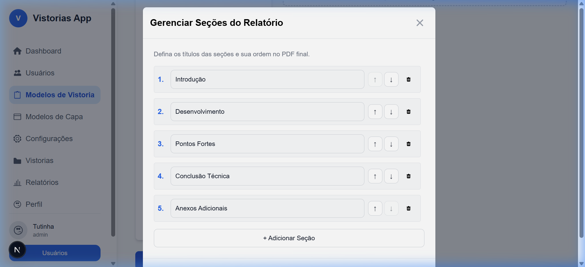 Modal Gerenciar Seções